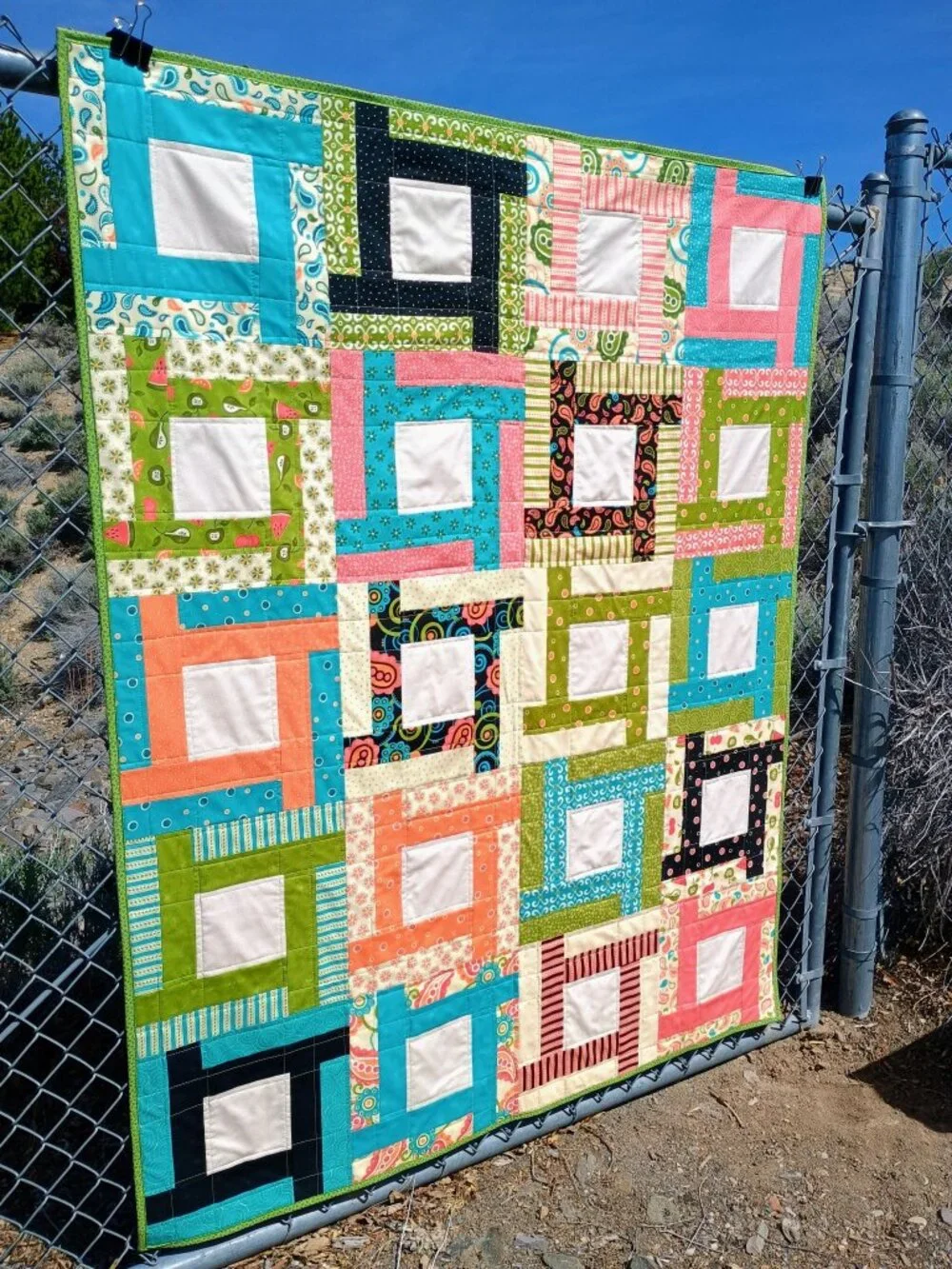 MODERN COLORFUL LAP QUILT, BLACK, TURQUOISE, CORAL, AQUA, GREEN